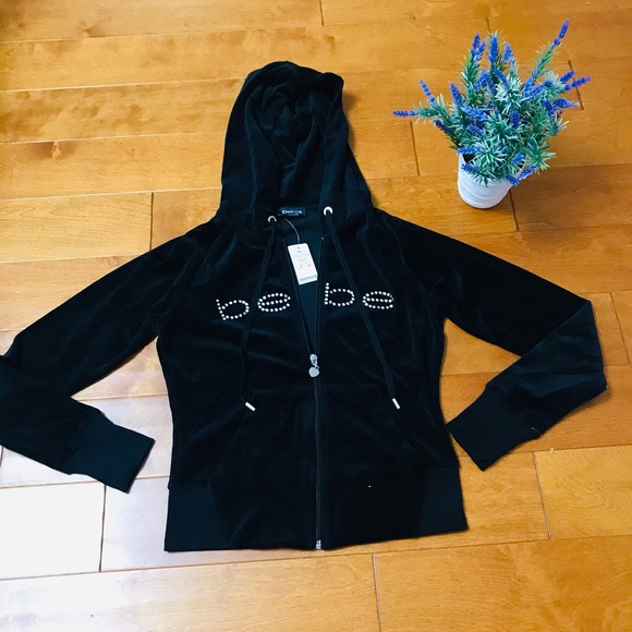 Bebe rhinestone logo velour hoodie M